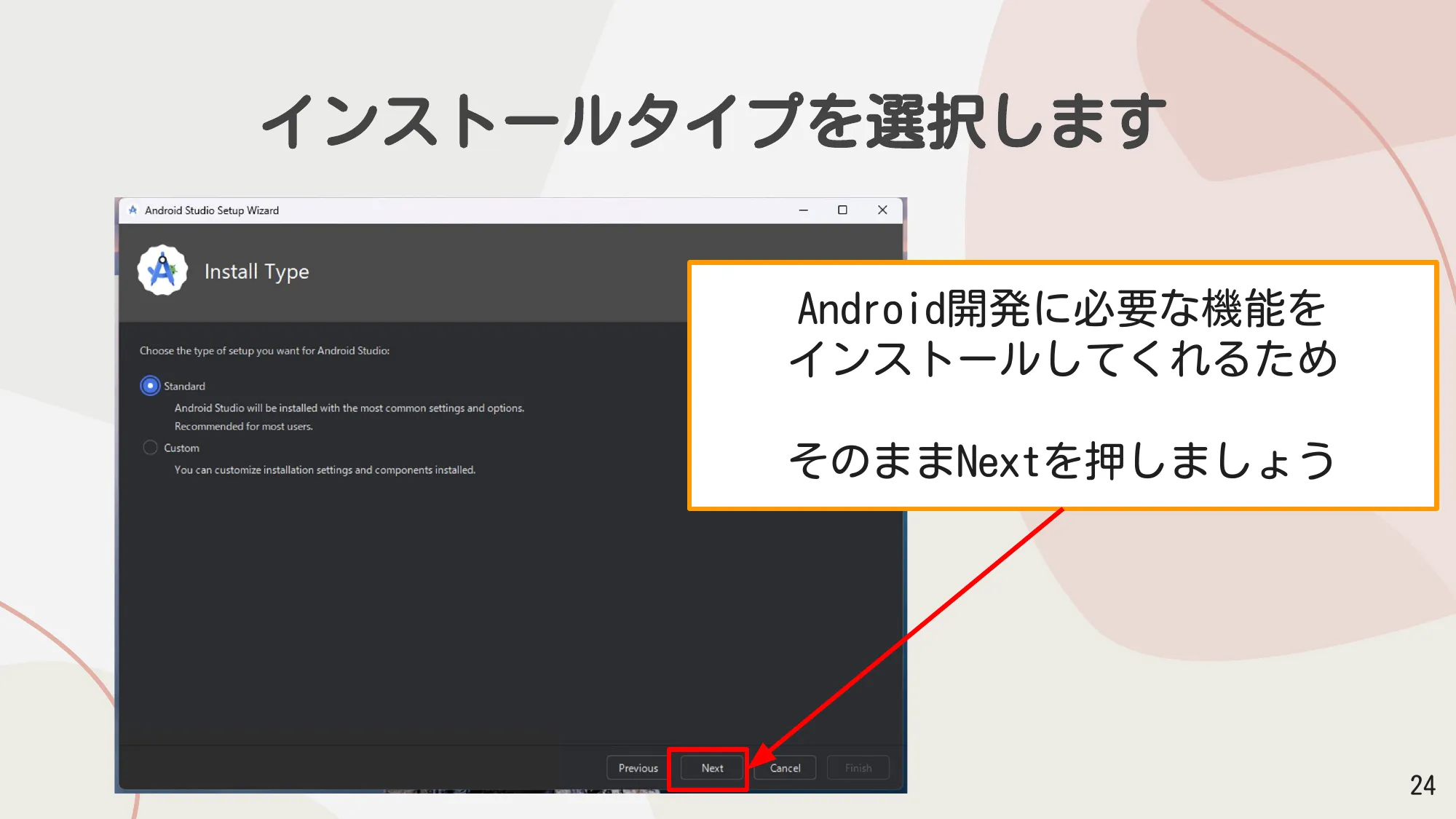 Install TypeでStandardを選択してNextを押す